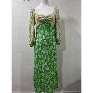 RIXO Y2K Daisy Floral 3/4 Sleeve Babydoll Swing Green Dress Cottagecore smocked